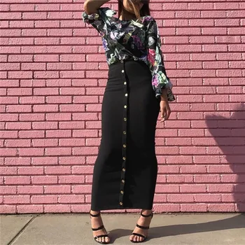 

2018 Vintage Women Musulmane High Waist Long Bodycon Skirt Button Maxi Islamic Skirts