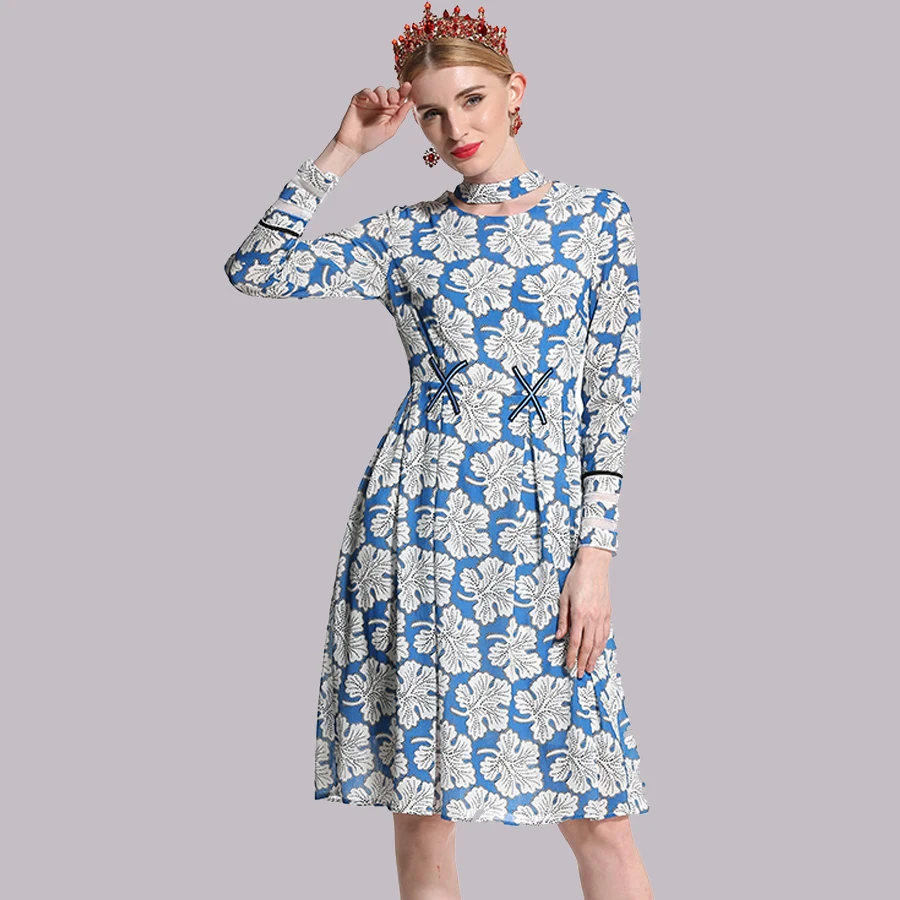 

VERDEJULIAY Runway Summer Dress 2019 Luxury Designer Flower Print Long Sleeve Hollow Out Knee-Length Elegant Dress Vestidos