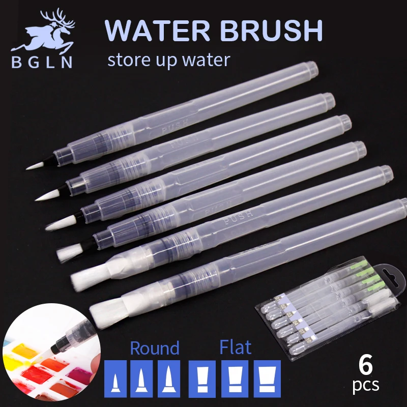 Bgln 6Pcs Different Shape Large Capacity Barrel Watercolor Paint Brush Soft Calligraphy Painting Drawing Pen Art Supplies