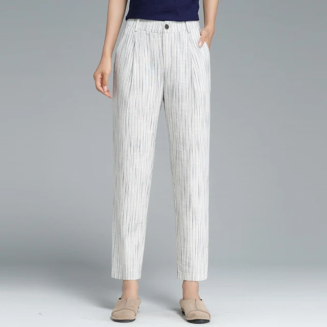 2018 Women's Ankle Length Summer Striped Pants High Waist Plus Size