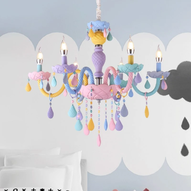 Personality colorful glass for children's room decoration chandelier macaron color crystal LED E14 lighting hanging chain adjust