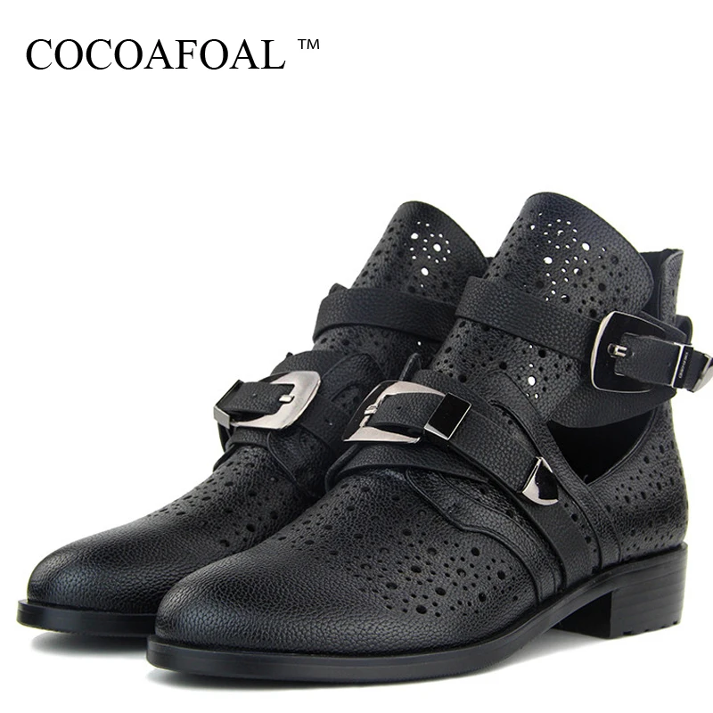 

COCOAFOAL Women's Summer Ankle Boots Woman Martin Boots Plus Size White Chelsea Boots Metal Decoration Hollow out Summer Shoes