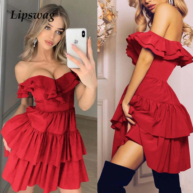 

Lipswag Women Elegant Off Shoulder Party Dress Sexy Ruffles Pleated Club Dresses Summer Slash Neck Solid Mini A Line Dress S-XXL
