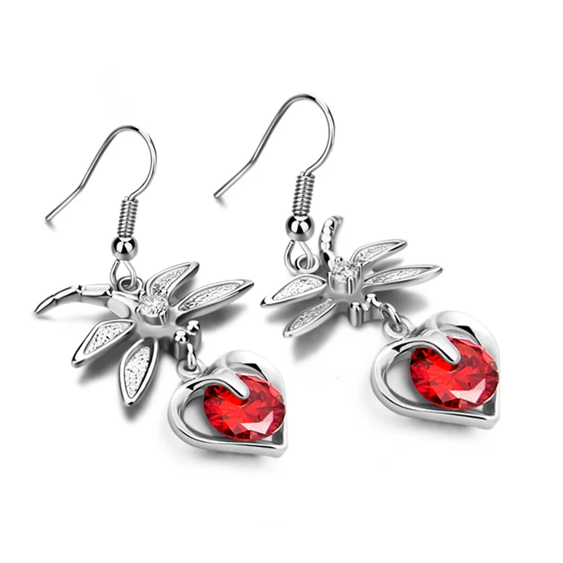 

Genuine cute dragonfly silver earrings. Women 100% Solid 925 Sterling Silver Jewelry Elegant red zircon heart-shaped earrings