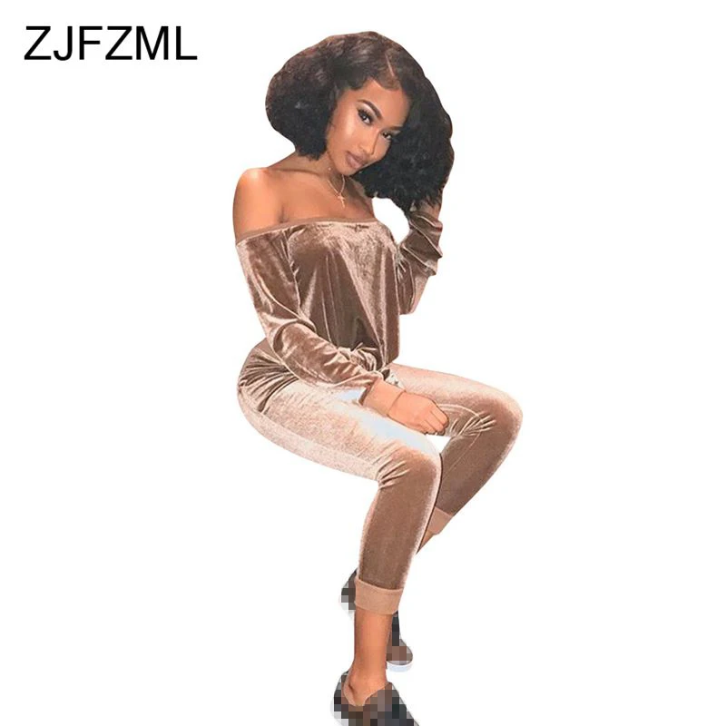 ZJFZML Good Quality Off Shoulder Velvet Jumpsuit Women Sexy Slash Neck Full Sleeve Bodycon Overalls Winter Thick Rompers 