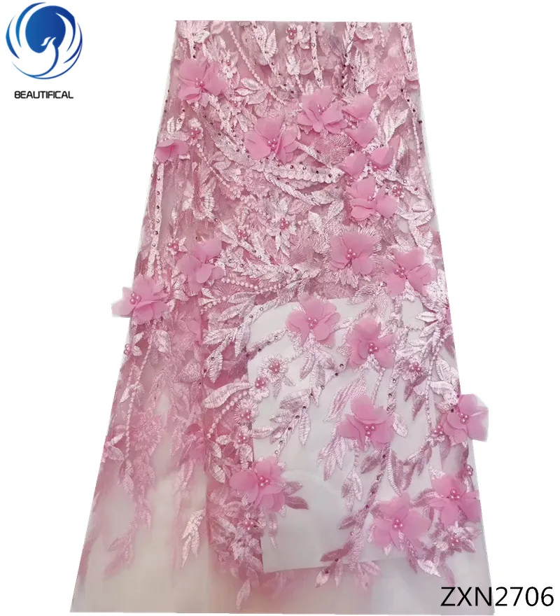 

BEAUTIFICAL 3d lace fabrics with stones and beads 2018 high quality french tulle lace fabrics for wedding dresses 5yards ZXN27