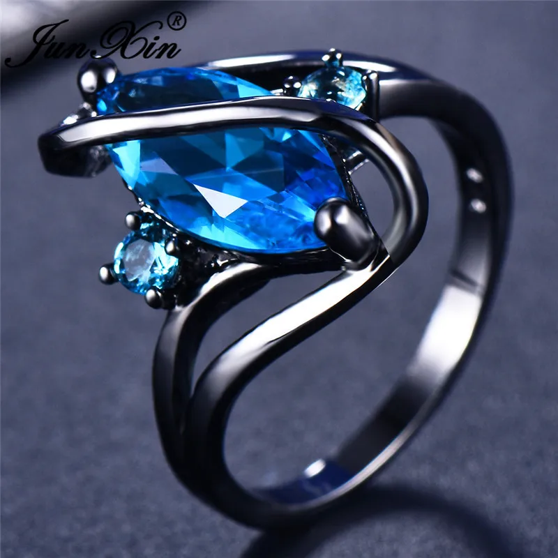 JUNXIN разноцветный камень буквы S волна кольца для женщин черное золото Aqua синий фиолетовый лошадь глаз циркон обручальное кольцо - Цвет основного камня: Lake Blue Ring