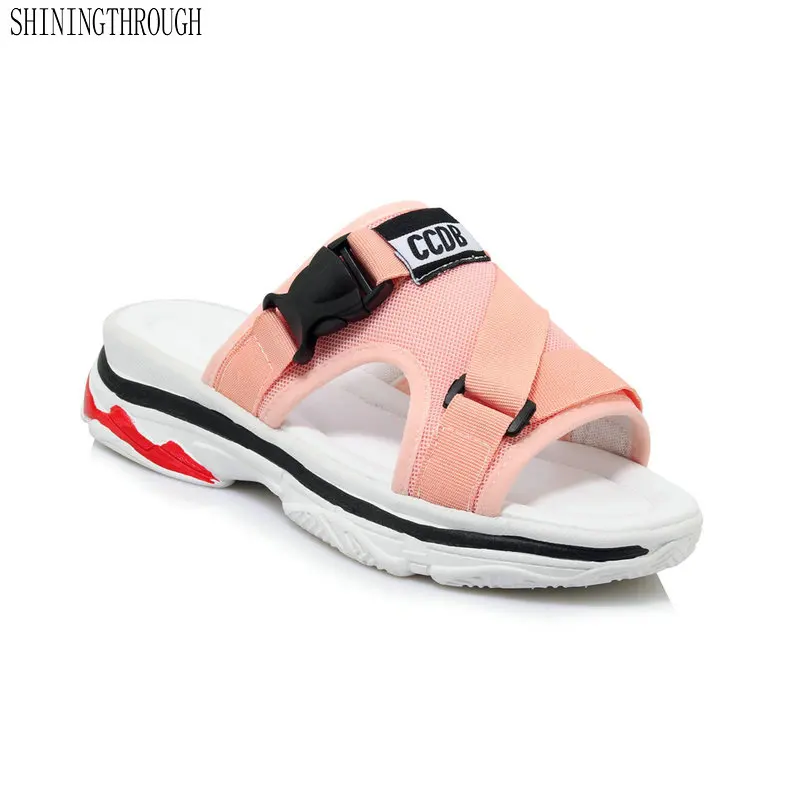 

2019 Summer Woman Slides Shoes Net Cloth Platform Slippers Casual Comfortable Woman Flats Beach Shoes Slipper