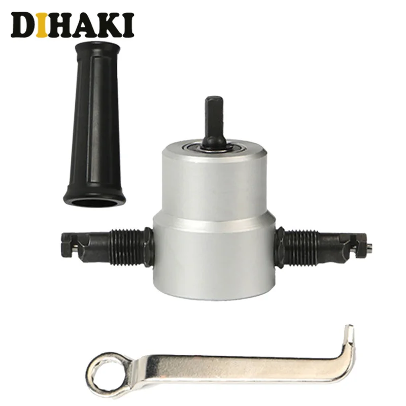 

Double Head Sheet Metal Nibbler Cutter Cutting Drill Hole Saw Attachment Tool 360 Degree Metalworking Repair Metal Sheet