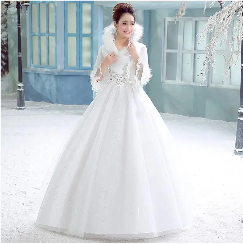 White Winter Bridal Gown For Weding Party Appliques Ruffles