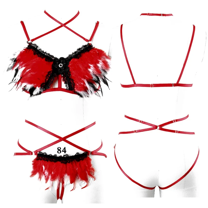 Bondage Full Sexy Body Harness Set for Women Plus Feather Harness Black Chest Bra Goth Erotic Rave Dance Fetish Cosplay Wear