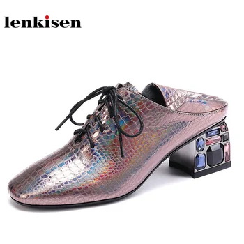

Lenkisen fashion sexy high heels crystal cow leather solid lace up women pumps square toe mature dress party autumn shoes L3f4