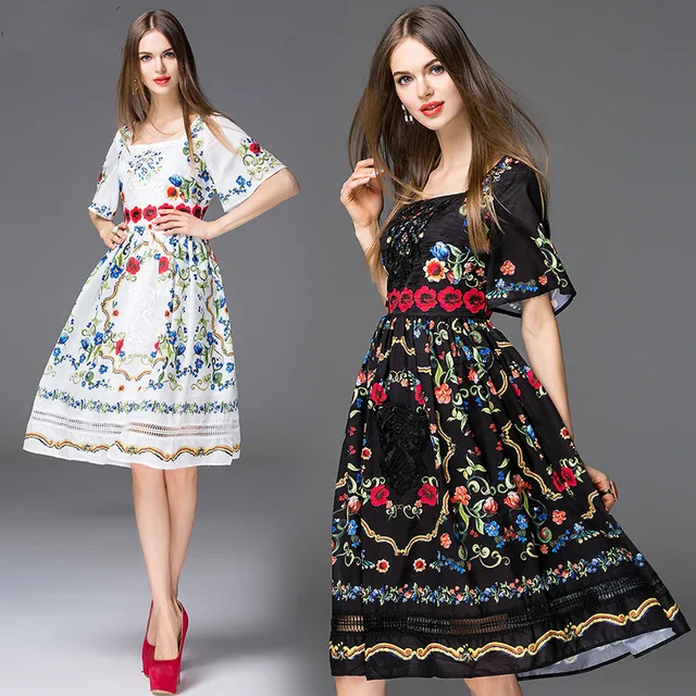 European station Summer dress 2018 Square Collar Dresses show women's printed embroidery