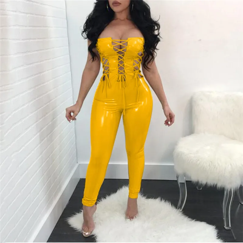 2022 Sexy Leather Nightclub Playsuits Women Strapless Hollow Corn Lace Up PU Jumpsuit Slim Bodycon Club Jumpsuits Clubwear
