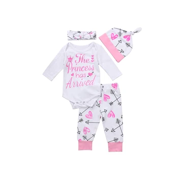 

4PCS Fashion Cute Newborn Toddler Baby Girls Cotton Long Sleeve Covered Button Letter Print White Romper Top Pant Hat Haedband