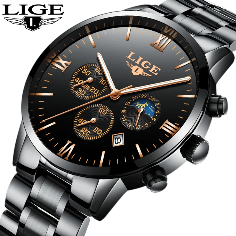 Watches Men Luxury Brand LIGE Chronograph Men Sports black Watches Waterproof Full Steel Quartz Men's Watch Relogio Masculino
