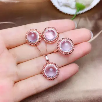 

fashion pink Rose Quartz gemstone ring earrings necklace silver jewelry set natural gem smooth soft surface girl birthday gift
