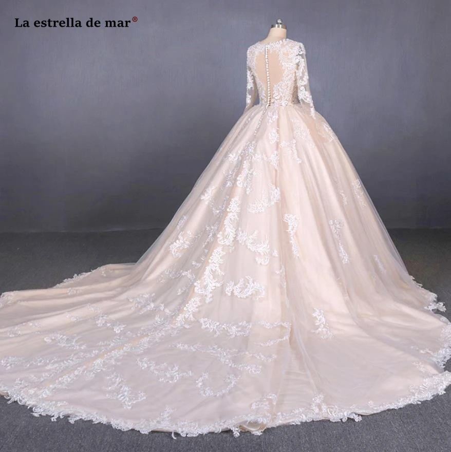 Abito da sposa2019 Новое сексуальное кружевное платье с v-образным вырезом и вышивкой, с длинными рукавами, пушистое шампанское, венчальное свадебное платье, хвост, свадебное платье для принцессы
