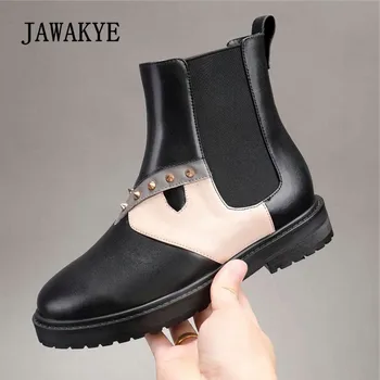 

2018 Real Leather Chelsea Boots Woman Round Toe Rivet Mixed Color Chic Ankle Boots For Women
