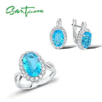 

SANTUZZA Jewelry Sets for Bridal Women Sky Blue Crystal CZ Stones Earrings Ring Pure 925 Sterling Silver Fashion Jewelry Set