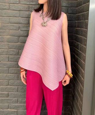 pale pinkish gray Miyake сплошной цвет без рукавов модные складные свободные необычные футболки - Цвет: pale pinkish gray