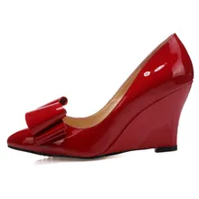 New Spring Summer Genuine Leather High Heels Shoes for Women Wedges Red Big Bow Wedding Shoes Pointed Toe High Heeled Shoes