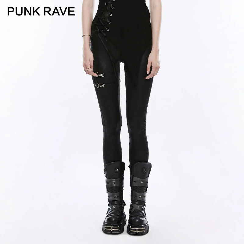 

PUNK RAVE Punk Rock Ladies Black Elastic PU Leather Knit Slim Leggings Women Bandage Lace Up Gothic Trousers Casual Pencil Pants