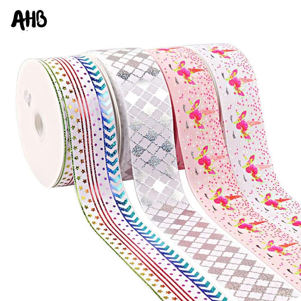 

AHB 2Y/Bag Bronzing Grosgrain Ribbon Horn Horse Laser Lip Printed Ribbon 75MM DIY Hair Accessories Gifts Holiday Decor Materials