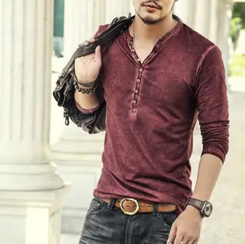 

Brand Designer Men Cotton Vintage Henry T Shirts Casual Long Sleeve High quality Men old color Cardigan T shirt 2019 hot sale