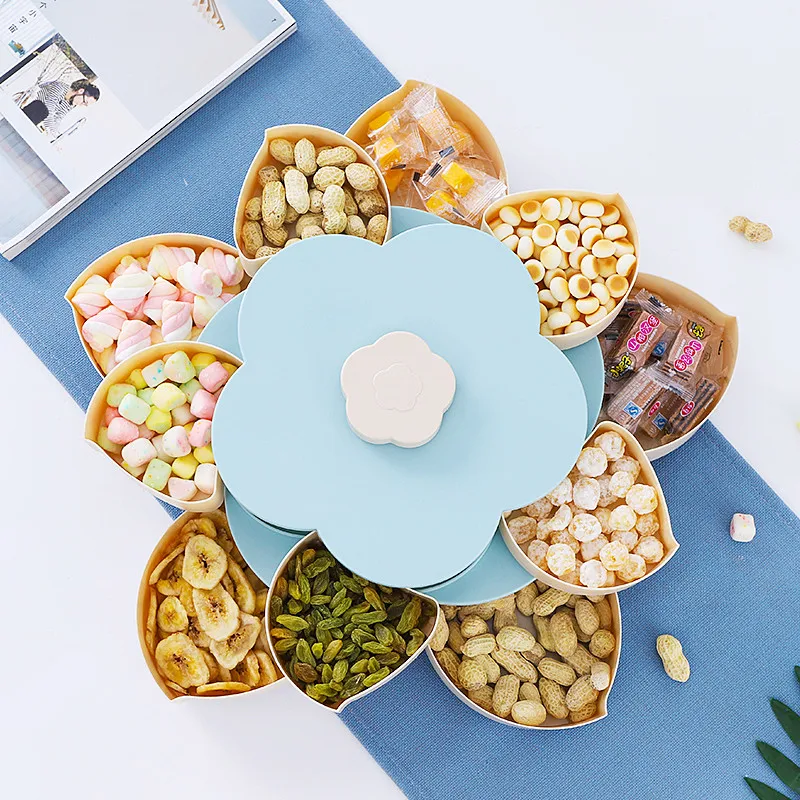 

Double Layer Plastic Storage Box Seeds Nuts Candy Dry Fruits Box Container Rotating Petal-Shape Snack Kids Lunch Case Organizer