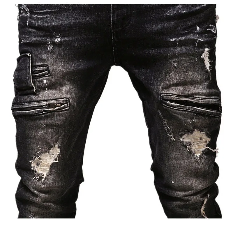 Новый Для мужчин джинсы байкерские рваные одежда из хлопка черный Slim Fit мотоциклетные Винтаж джинсы с потертостями брюки Для мужчин Modis VAKAUP