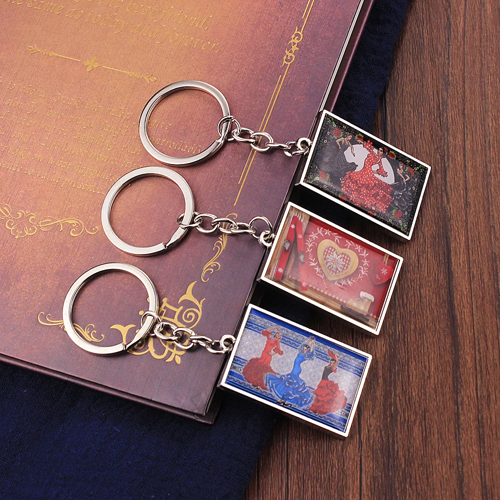 

Vicney New Arrival Spanish Dancer Girl Pattern Key Chain Square Shape Zinc Alloy Ethnic Style Keychain For Women