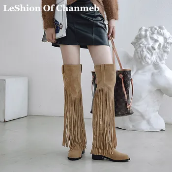 

women luxury designer brand over-the-knee boots faux suede tassel winter thigh high boots ladies fringed boho shoes size 33-46