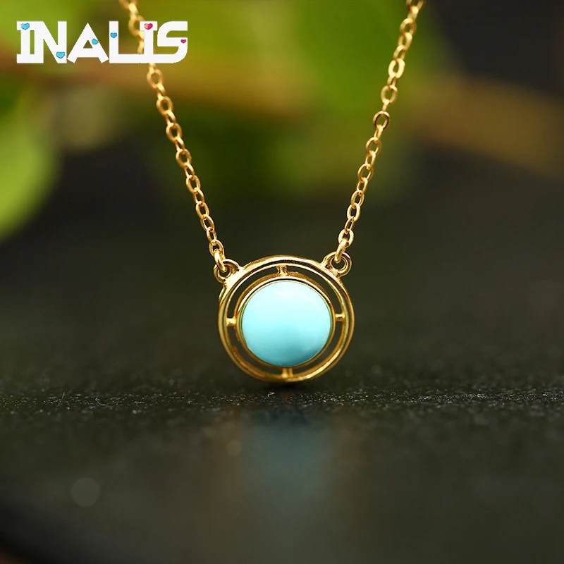 

INALIS High Quality Necklace with Link Chain 925 Sterling Silver Gold Plated Round Turquoise Pendant for Women Fine Jewelry Gift