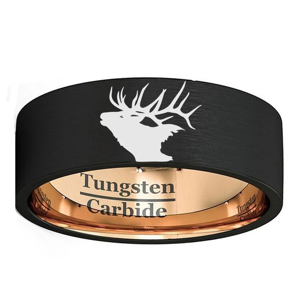 

Xmas Deer Elk Animal Engraved Ring 8mm Mens Black & Rose Gold Color Tungsten Carbide Wedding Band Size 7 to 13