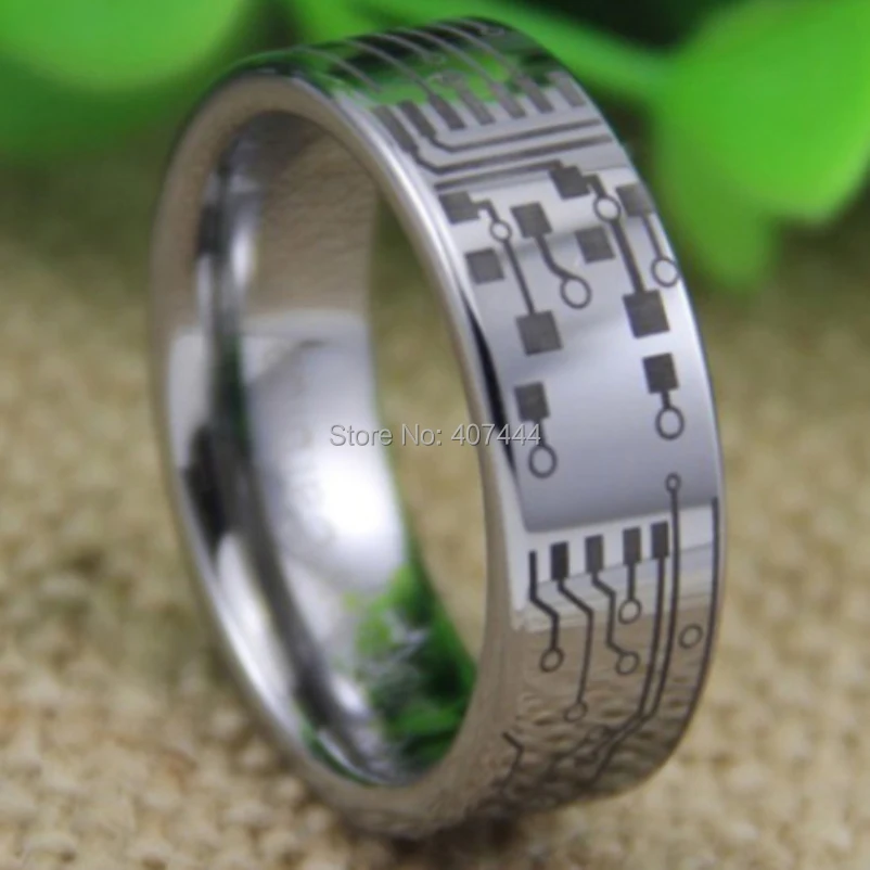 

Free Shipping YGK JEWELRY Hot Sales 8MM Comfort Fit CIRCUIT BOARD DESIGN Silver Pipe Men's Tungsten Wedding Ring