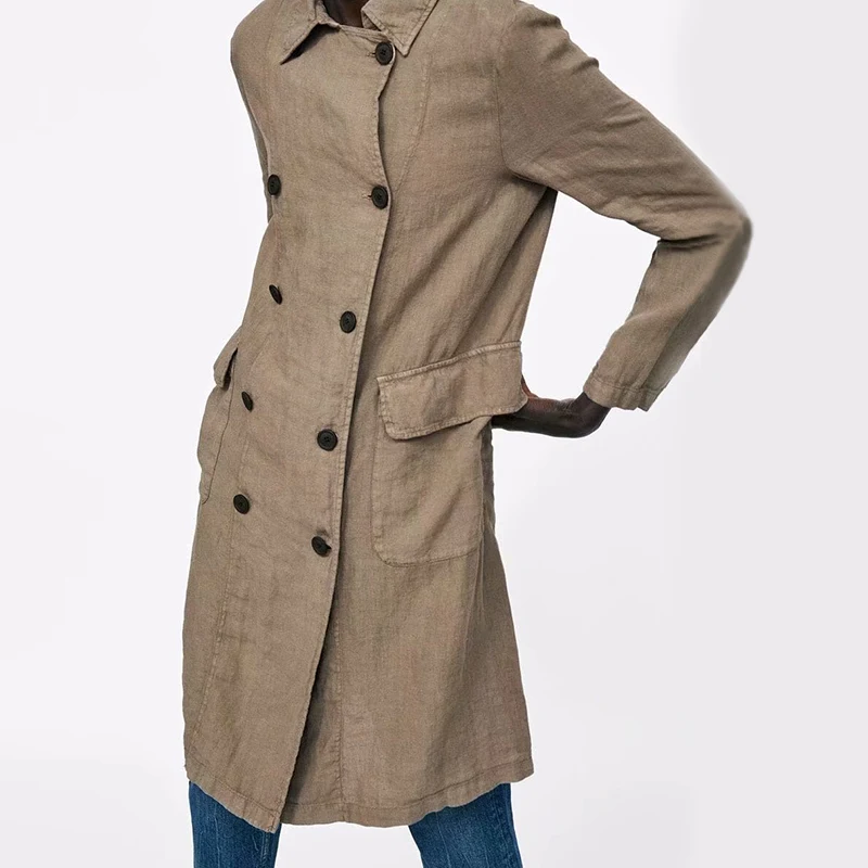 Linen Double Breasted Long Women's Trench Solid Pocket Turn Down Collar Long Sleeve Womens Coats 2018 Autumn Summer Tops Female
