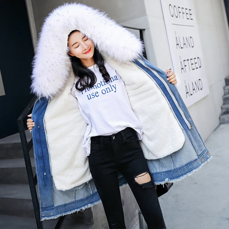 2018 New Warm Winter Bomber Women Hooded Coat Jeans Denim Jackets Thick Cotton Long Basic Ladies Top Windbreaker Female Large