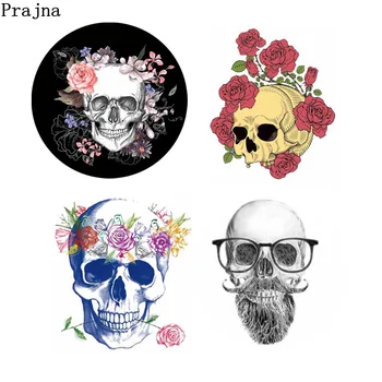 

Prajna Punk Patch Rose Skull Iron-on Transfer Skull Heat Transfer Vinyl Clothing Sticker Cool Accessories For Men Coat DIY Shirt