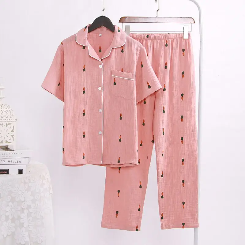 

High Quality Soft Crepe Cotton Sleepwear Women Pajama Sets Women Fresh Carrot Print Short-sleeved Long Pants Pyjama Suit