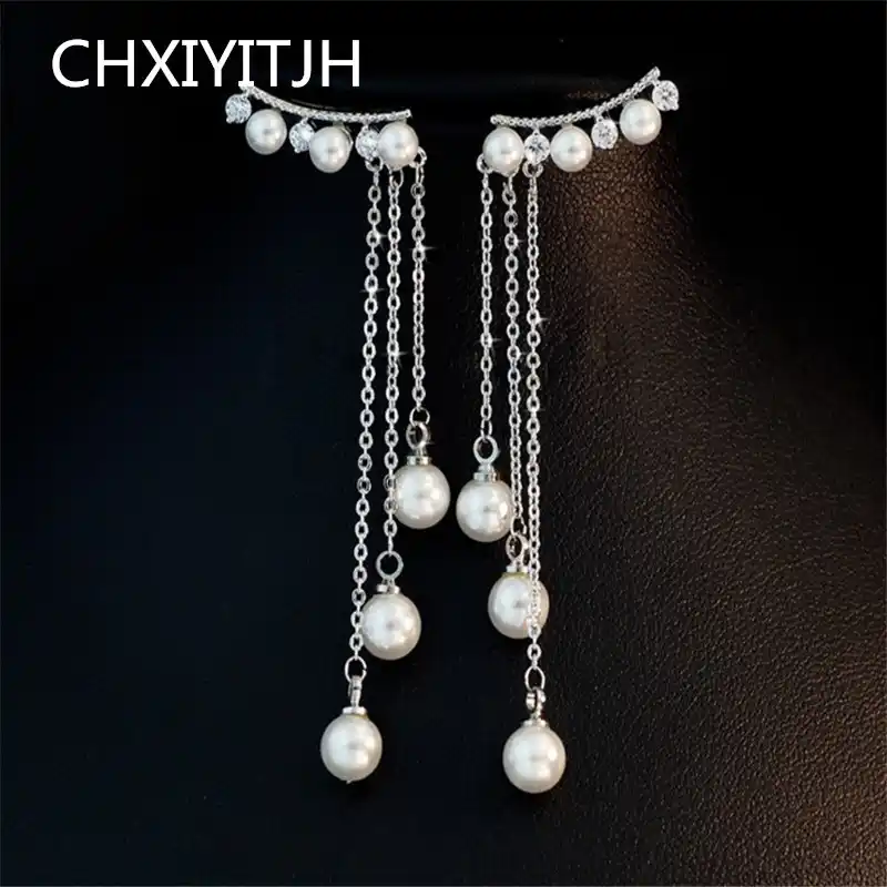 925 пробы серебряные серьги гвоздики длинные уши линии комплект шпилек с жемчужинами женские модные украшения