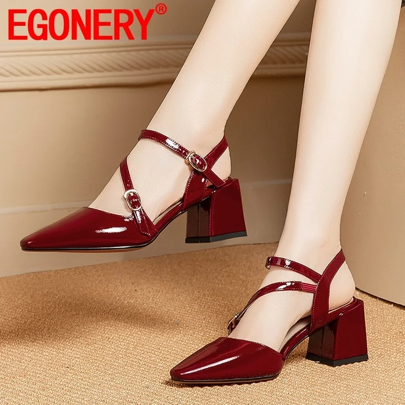 

EGONERY woman shoes summer new fashion sexy patent leather woman sandals outside high heels buckle plus size party ladies shoes