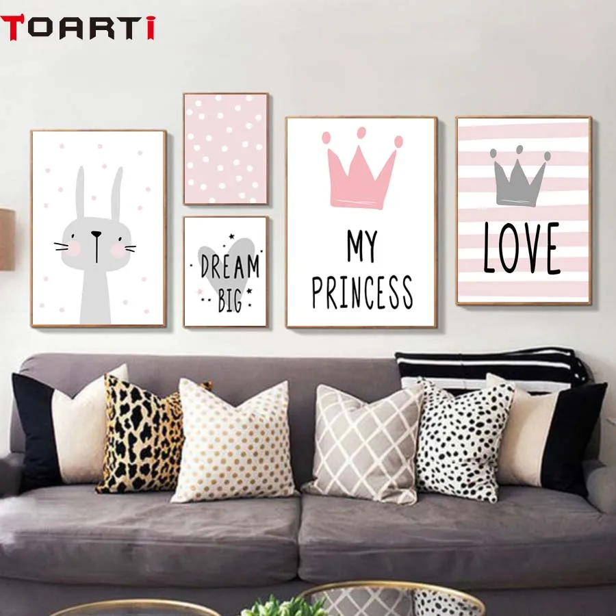 

Pink Cartoon Nursery Girl Wall Picture Poster Print Rabbit Crown Baby Room Modern Canvas Painting Kids Children Wall Art Mural