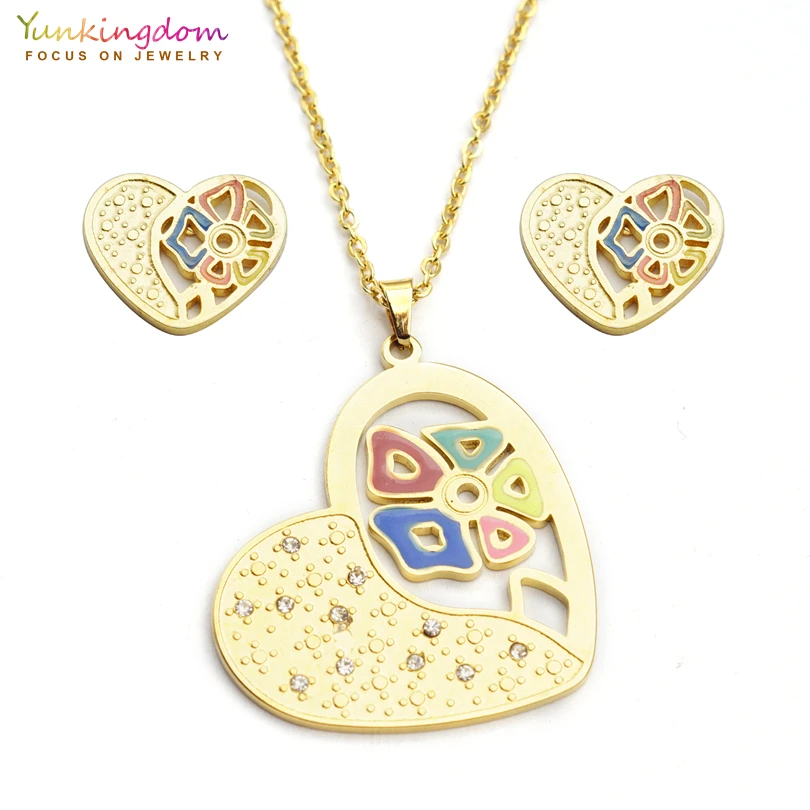 

Yunkingdom colorful fashion crystal titanium jewelry sets for women stainless steel pendant necklace earring sets UE0166