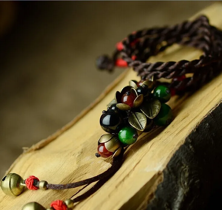 

DIY Ethnic Jewelry Signature Cotton copper leaf vintage nature stone long necklace,fashion handmade pendants sweater necklace