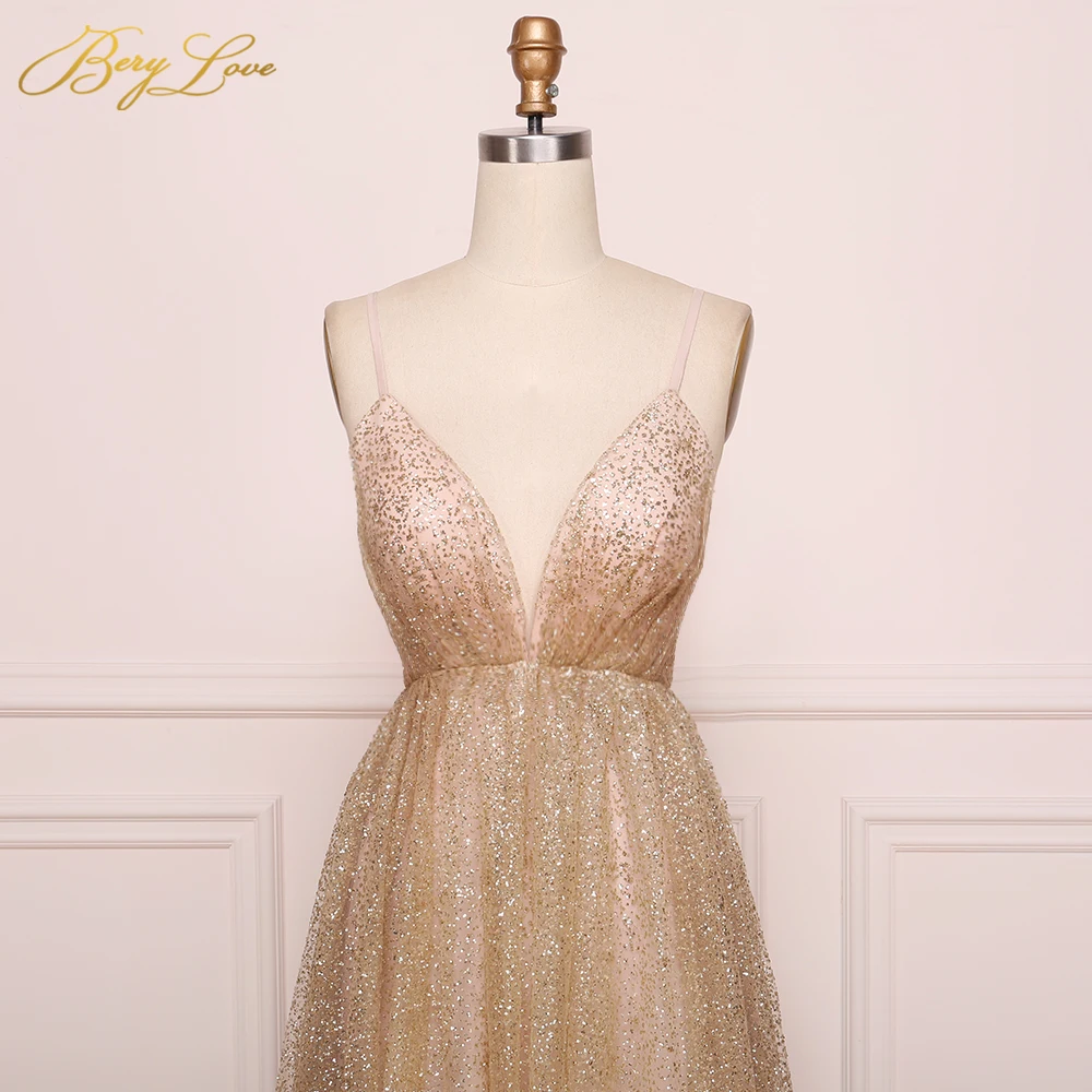 BeryLove Золотое шампанское длинное блестящее вечернее платье Формальное вечернее платье сексуальное с v-образным вырезом длинное платье на бретельках с открытой спиной