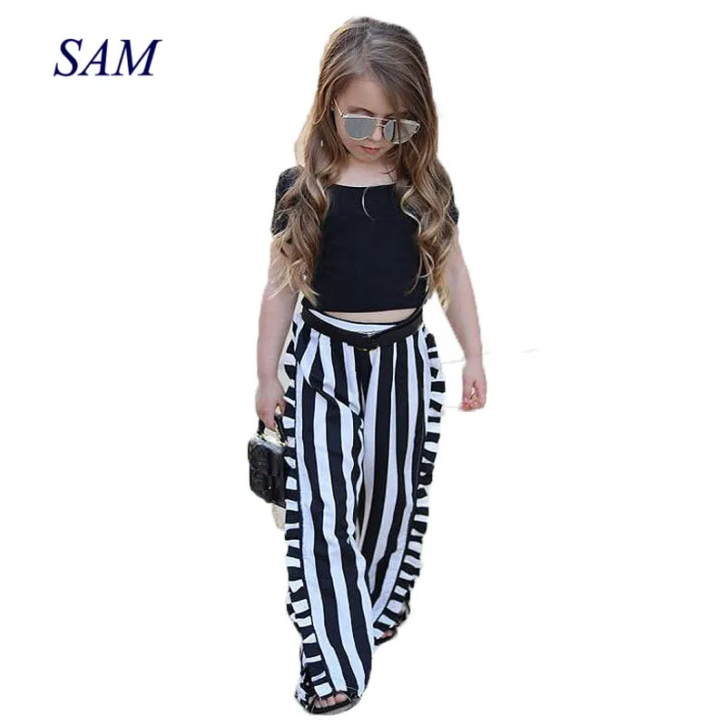 MV New Summer Cropped Trousers Trend Girls Children Striped Wide Leg Pants Suit