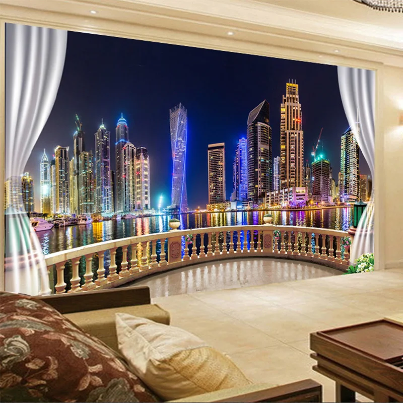 Фото обои 3D Городской Ночной пейзаж балкон фон Настенная роспись Гостиная Спальня домашний декор Papel де Parede 3D Paisagem
