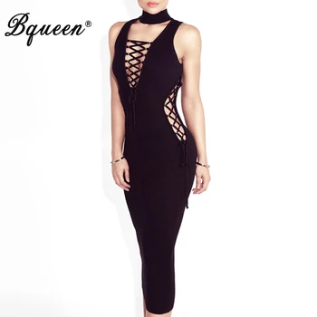 

Bqueen 2017 Sey Women Dress Lace-Up Deep V Neck Bandage Dress Hollow Out Both Side Club Dress Black Nude Brown Party Dress