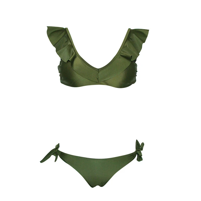 

Hot Women Sexy Solid Color Lace Low Rise Ruffle Bikini Summer Swimwear Women bikini